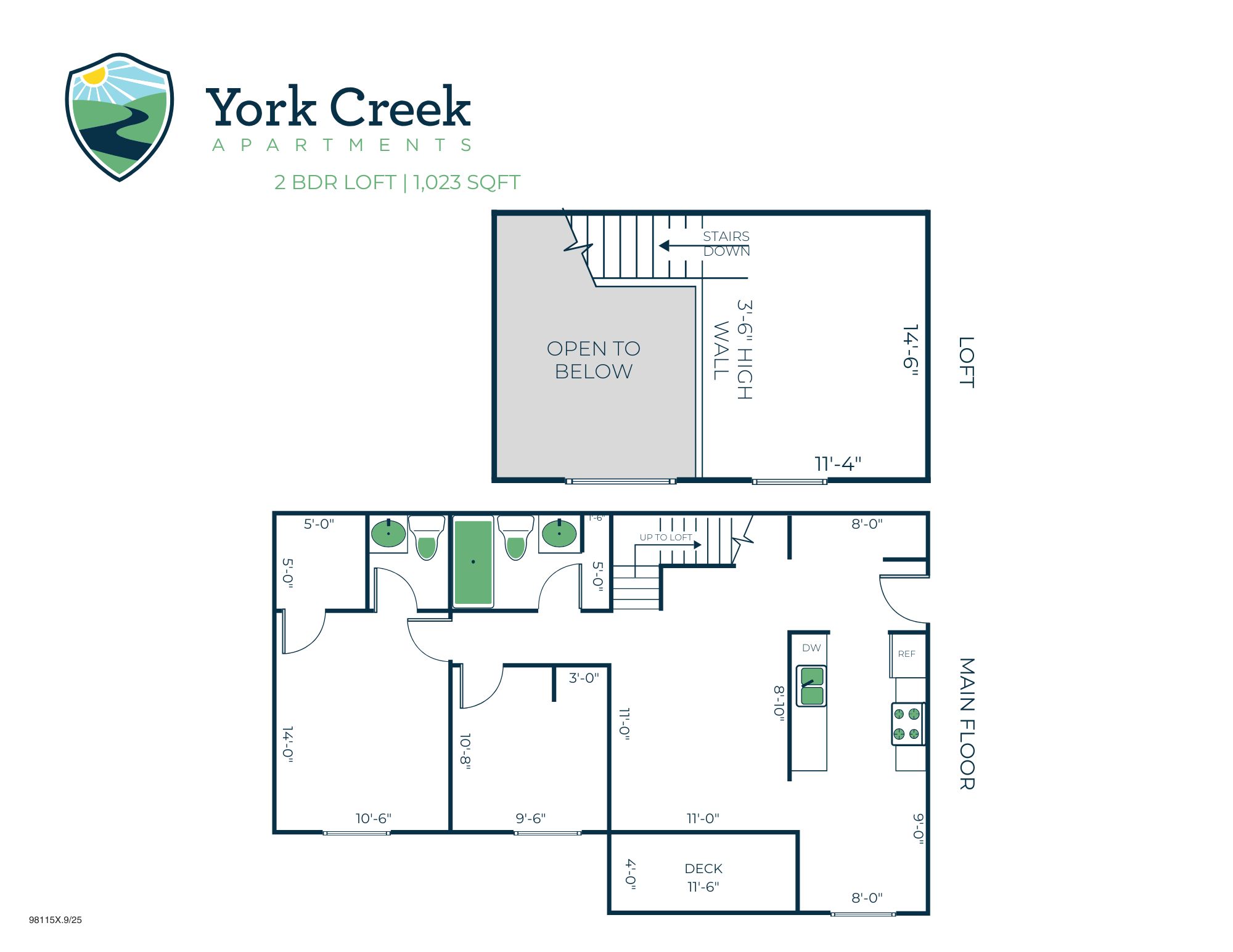 Floor plan for 2 beds, 1.5 baths, 1023 sqft